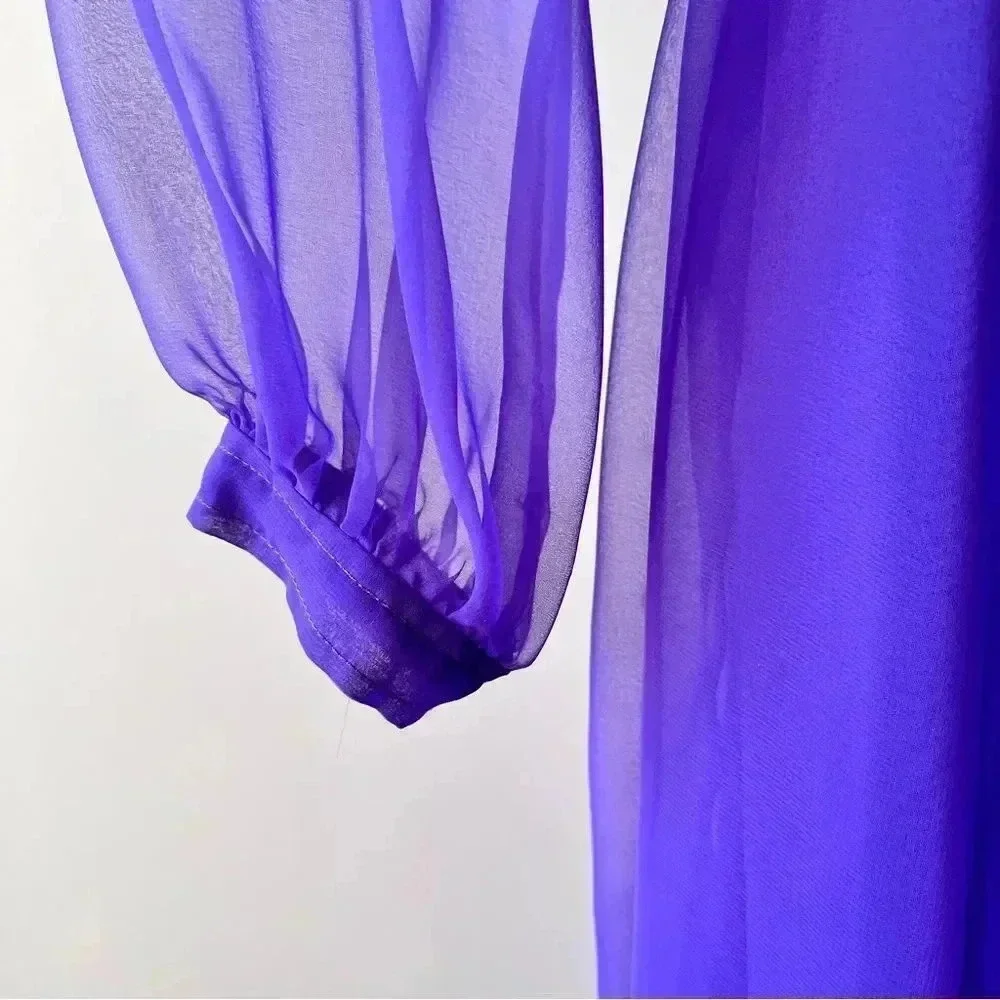 Vintage 60s Purple Chiffon Sheer Long Sleeve Pintuck Dress Size 12